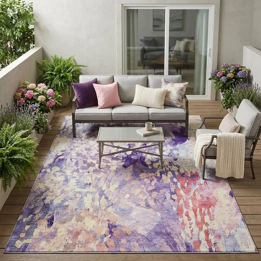 Purple And Lavender Abstract Washable Indoor Outdoor Area Rug Photo 1
