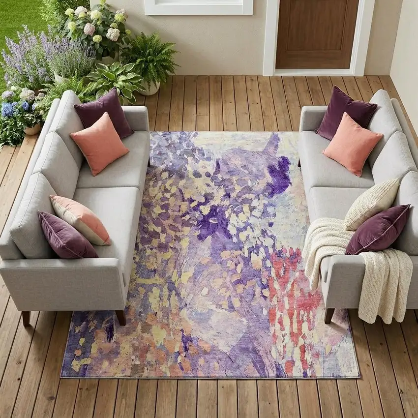 Purple And Lavender Abstract Washable Indoor Outdoor Area Rug Photo 1