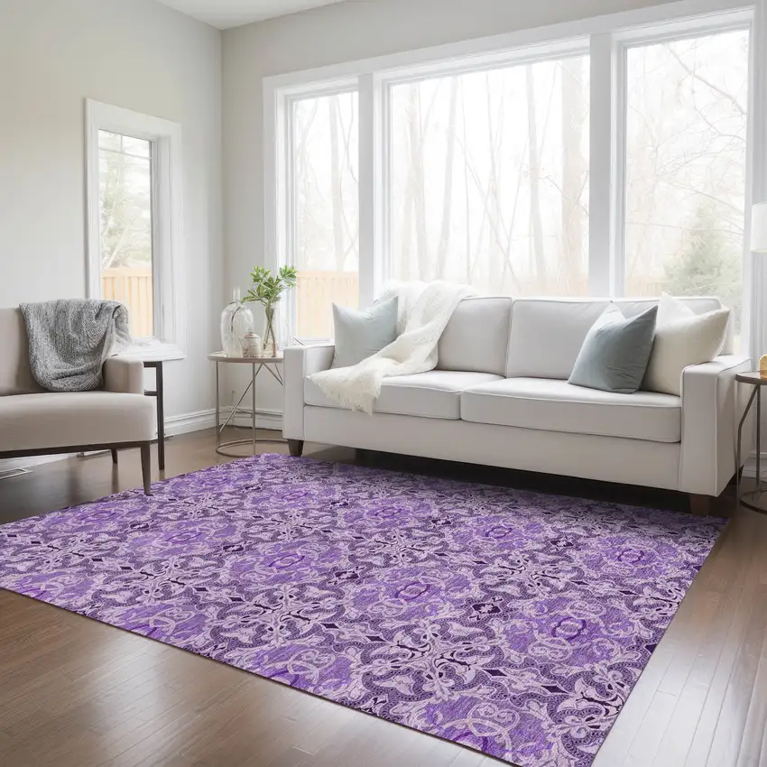 Purple And Lavender Medallion Washable Indoor Outdoor Area Rug Photo 9