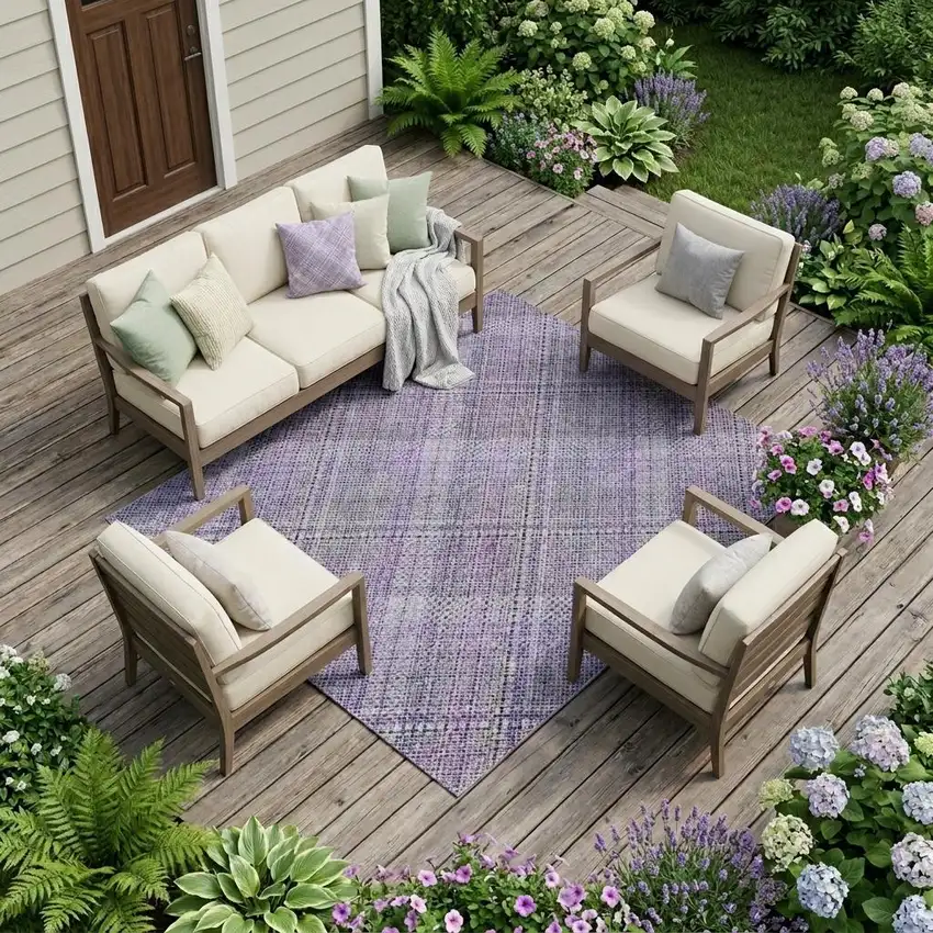 Purple And Lavender Plaid Washable Indoor Outdoor Area Rug Photo 1