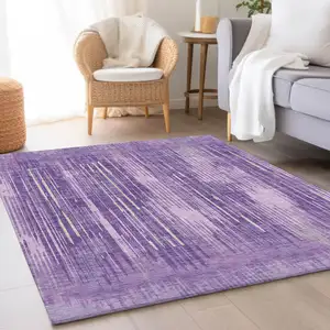 Photo of Purple And Lavender Striped Washable Area Rug With UV Protection