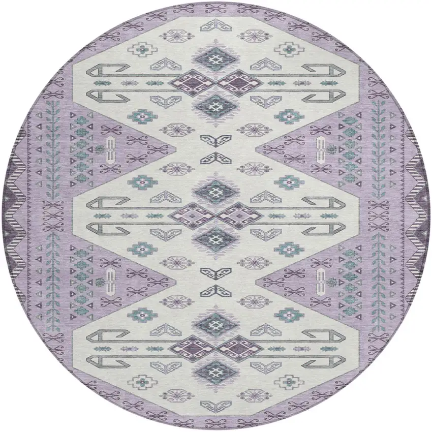 Purple And Lilac Round Geometric Washable Indoor Outdoor Area Rug Photo 1