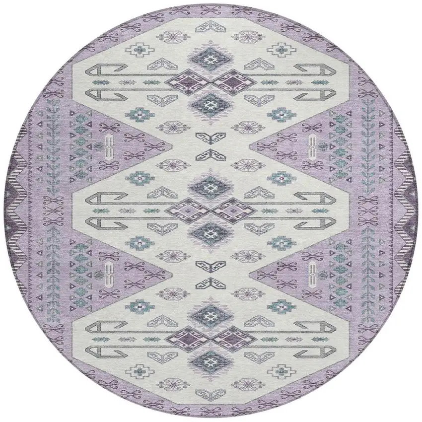 Purple And Lilac Round Geometric Washable Indoor Outdoor Area Rug Photo 3