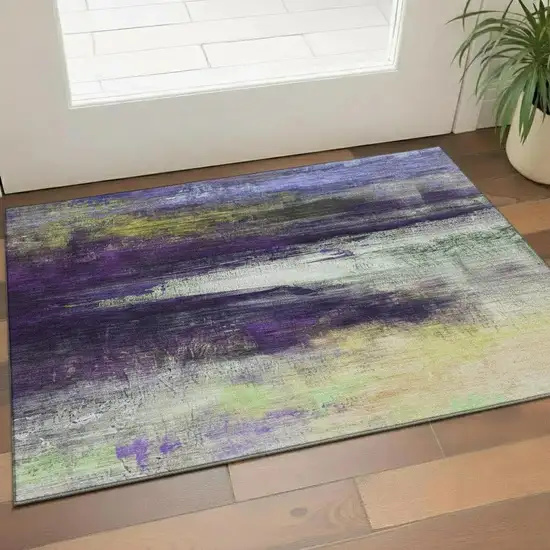 Purple And Lime Green Abstract Washable Area Rug With UV Protection Photo 2