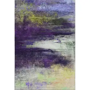 Photo of Purple And Lime Green Abstract Washable Area Rug With UV Protection