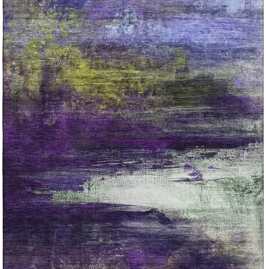Purple And Lime Green Abstract Washable Area Rug With UV Protection Photo 4