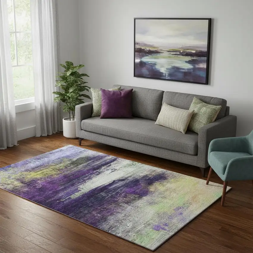 Purple And Lime Green Abstract Washable Area Rug With UV Protection Photo 2