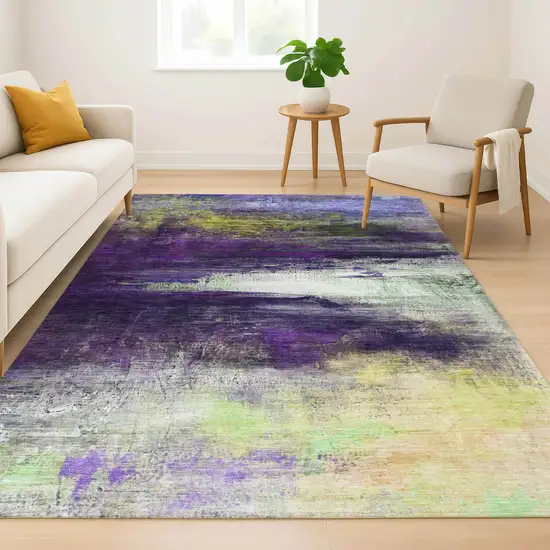 Purple And Lime Green Abstract Washable Area Rug With UV Protection Photo 6