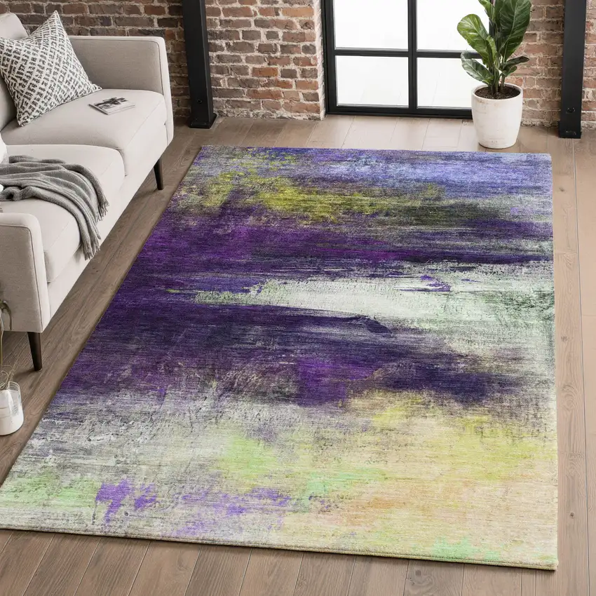 Purple And Lime Green Abstract Washable Area Rug With UV Protection Photo 5