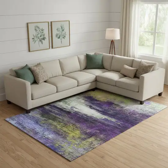 Purple And Lime Green Abstract Washable Area Rug With UV Protection Photo 2