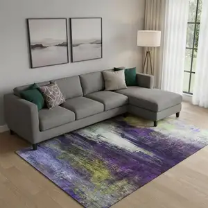 Photo of Purple And Lime Green Abstract Washable Area Rug With UV Protection