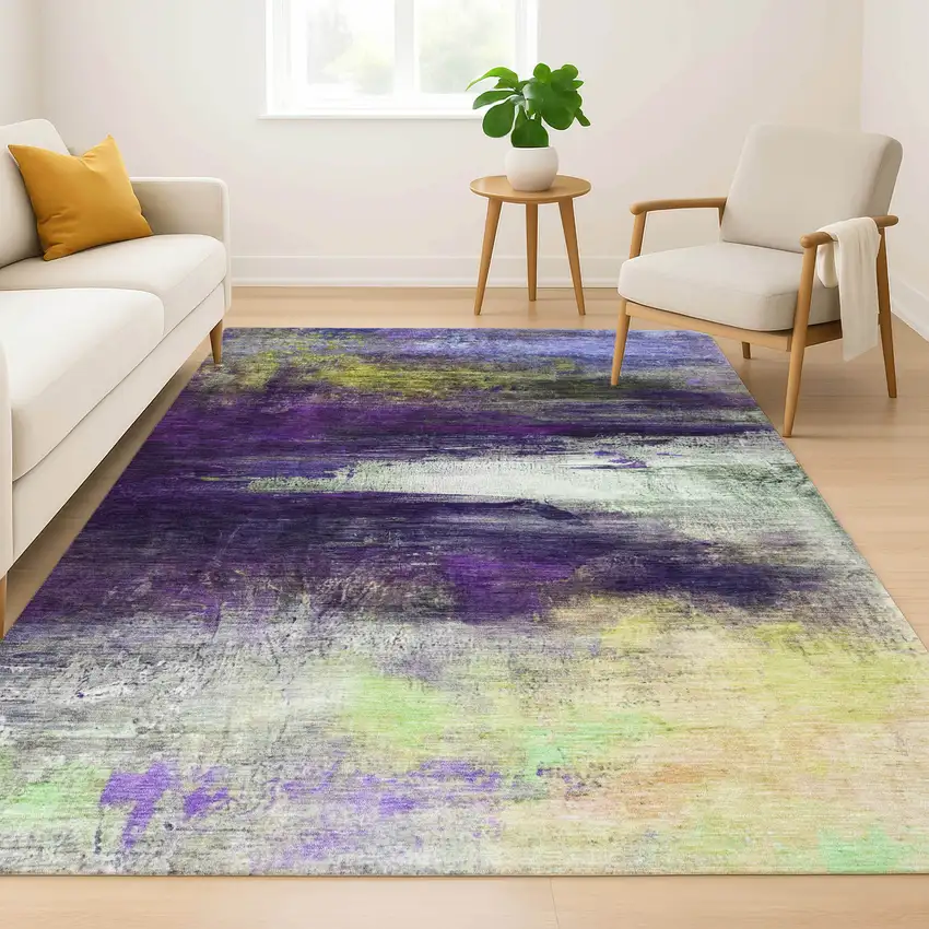 Purple And Lime Green Abstract Washable Area Rug With UV Protection Photo 6
