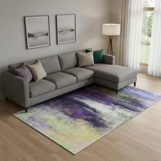 Purple And Lime Green Abstract Washable Area Rug With UV Protection Photo 2