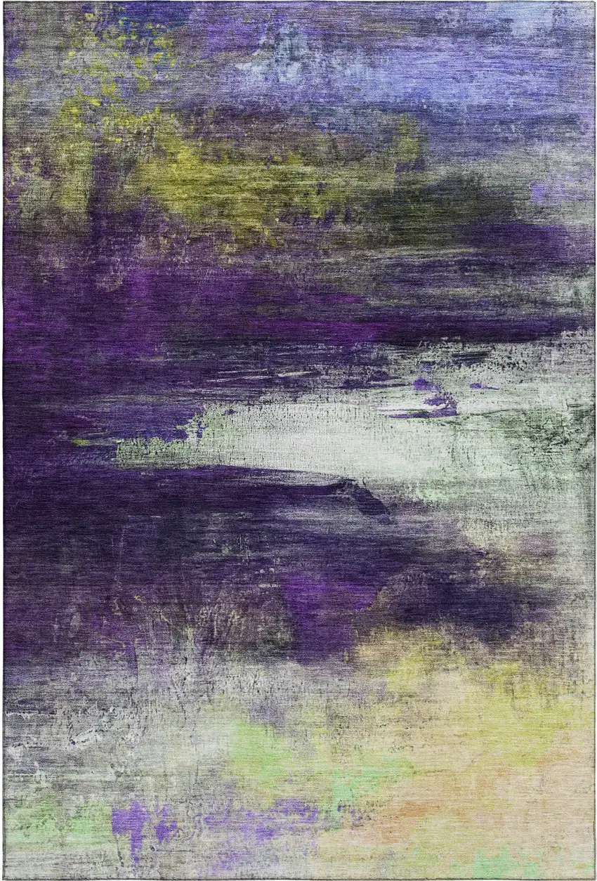 Purple And Lime Green Abstract Washable Area Rug With UV Protection Photo 1