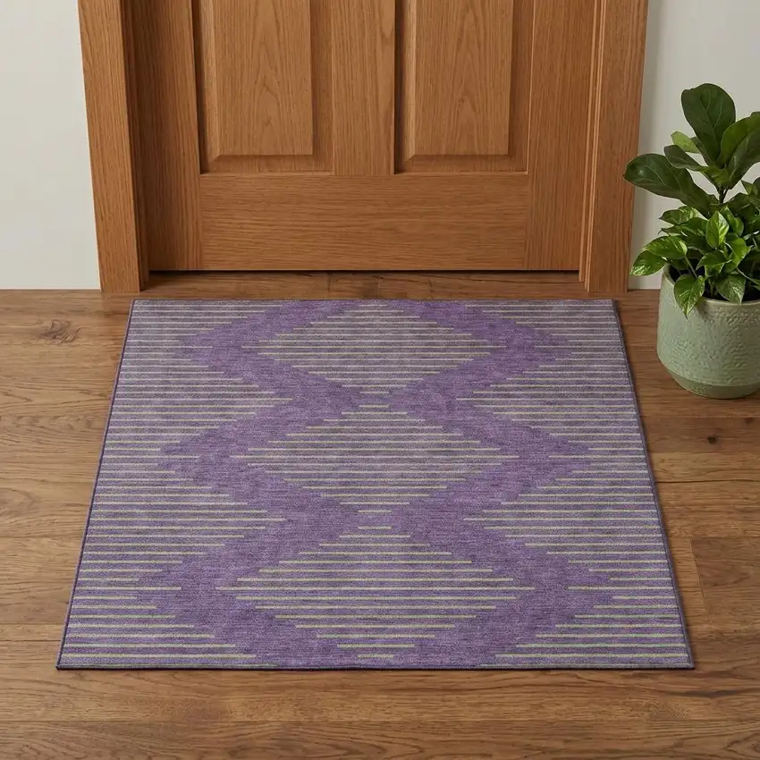 Purple And Lime Green Geometric Washable Area Rug With UV Protection Photo 1
