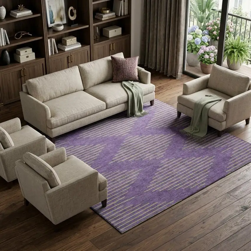 Purple And Lime Green Geometric Washable Area Rug With UV Protection Photo 1
