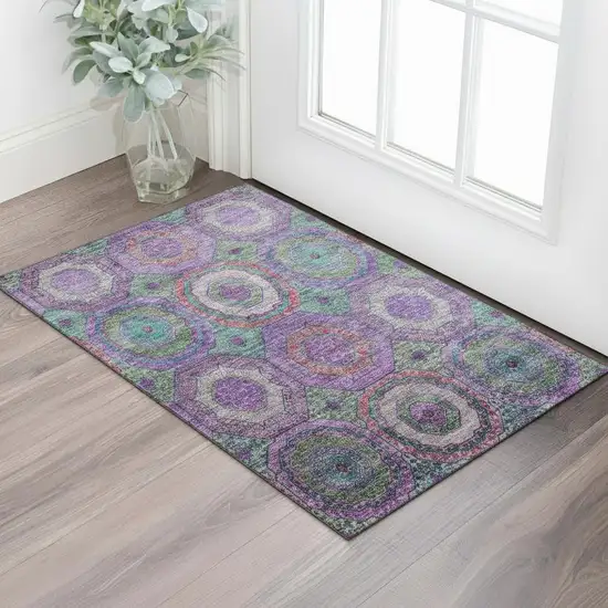 Purple And Lime Green Geometric Washable Area Rug With UV Protection Photo 2