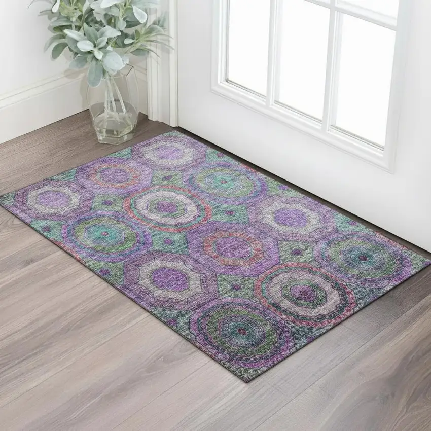 Purple And Lime Green Geometric Washable Area Rug With UV Protection Photo 2