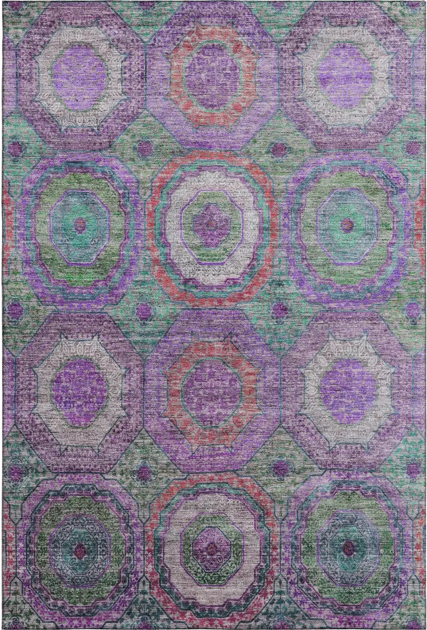 Purple And Lime Green Geometric Washable Area Rug With UV Protection Photo 1