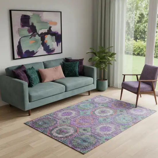 Purple And Lime Green Geometric Washable Area Rug With UV Protection Photo 2