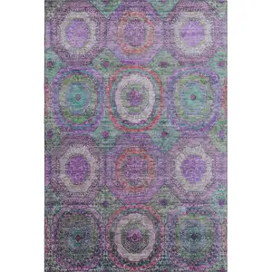 Photo of Purple And Lime Green Geometric Washable Area Rug With UV Protection