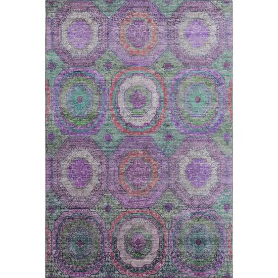 Purple And Lime Green Geometric Washable Area Rug With UV Protection Photo 1