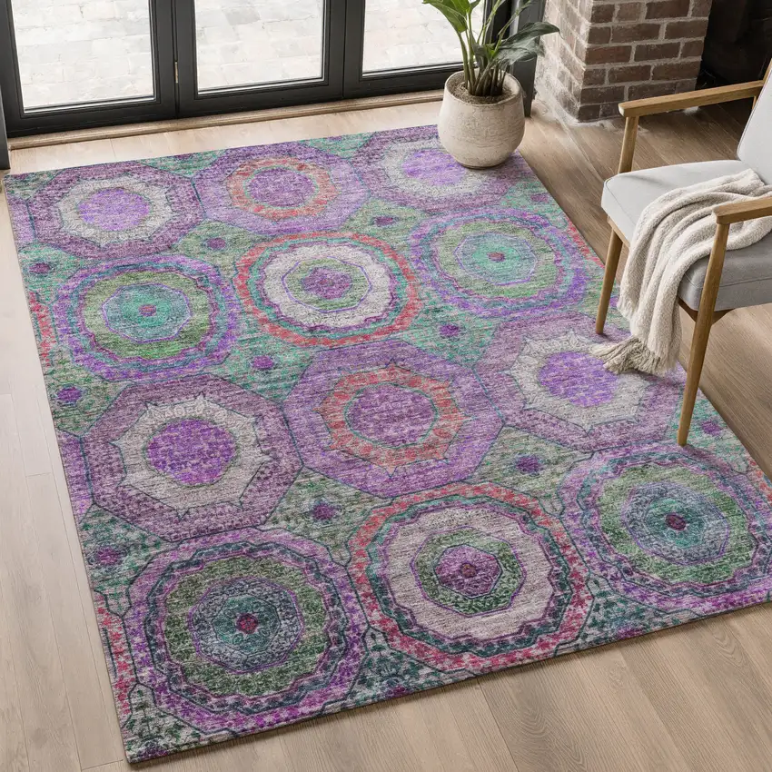 Purple And Lime Green Geometric Washable Area Rug With UV Protection Photo 5
