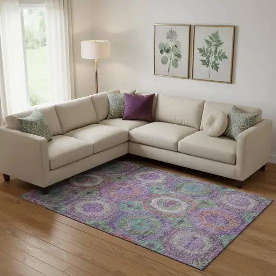 Purple And Lime Green Geometric Washable Area Rug With UV Protection Photo 2