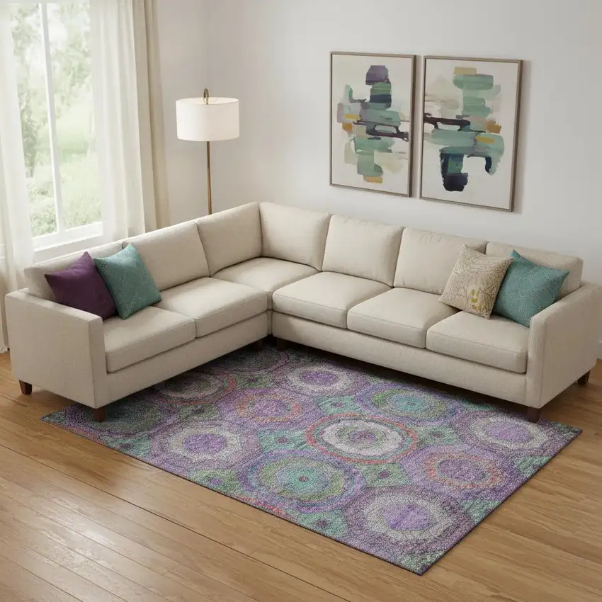 Purple And Lime Green Geometric Washable Area Rug With UV Protection Photo 2