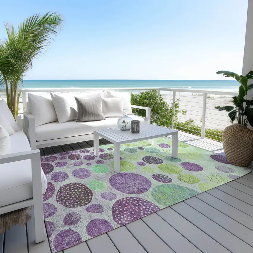 Purple And Lime Green Geometric Washable Indoor Outdoor Area Rug Photo 5