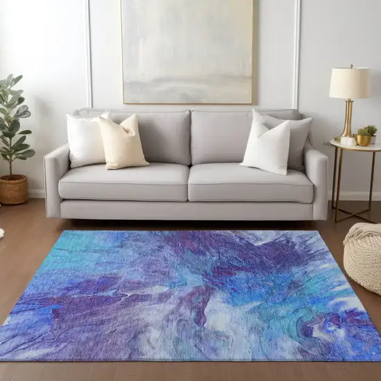 Purple And Navy Blue Abstract Washable Indoor Outdoor Area Rug Photo 8