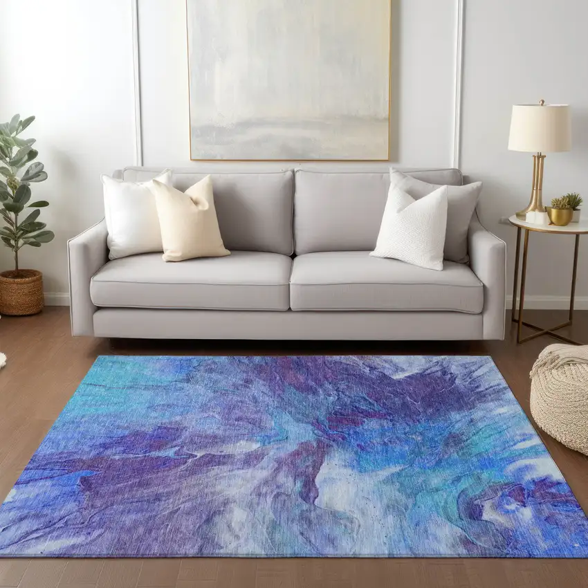 Purple And Navy Blue Abstract Washable Indoor Outdoor Area Rug Photo 8