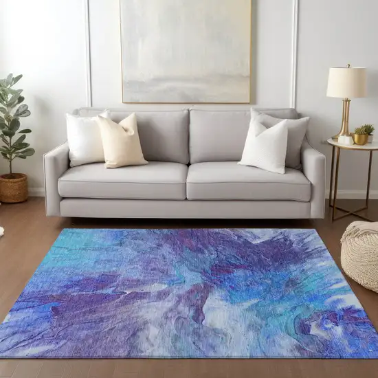 Purple And Navy Blue Abstract Washable Indoor Outdoor Area Rug Photo 8