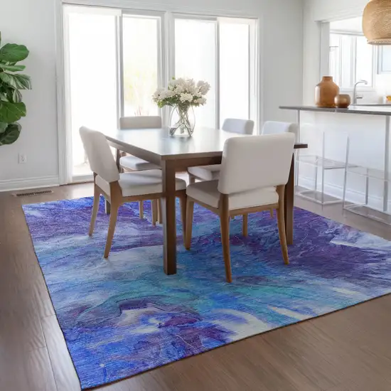 Purple And Navy Blue Abstract Washable Indoor Outdoor Area Rug Photo 9