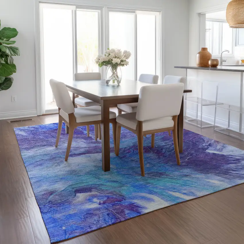 Purple And Navy Blue Abstract Washable Indoor Outdoor Area Rug Photo 9