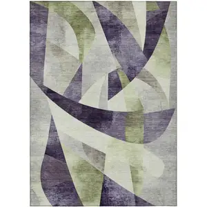 Photo of Purple And Olive Green Abstract Washable Indoor Outdoor Area Rug