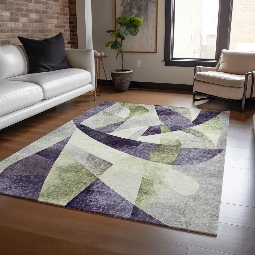 Purple And Olive Green Abstract Washable Indoor Outdoor Area Rug Photo 8
