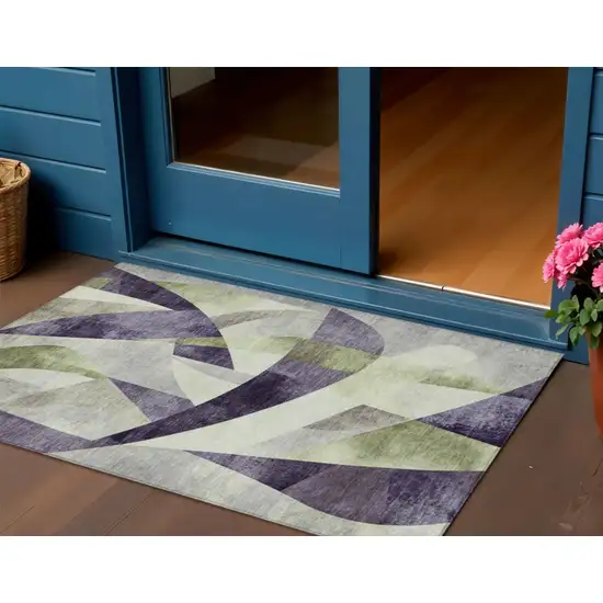 Purple And Olive Green Abstract Washable Indoor Outdoor Area Rug Photo 2