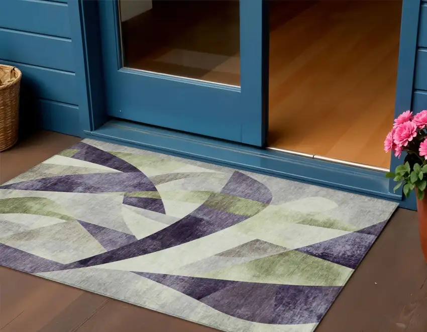 Purple And Olive Green Abstract Washable Indoor Outdoor Area Rug Photo 2