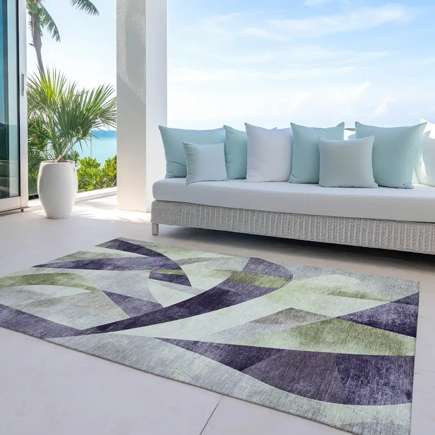 Purple And Olive Green Abstract Washable Indoor Outdoor Area Rug Photo 7