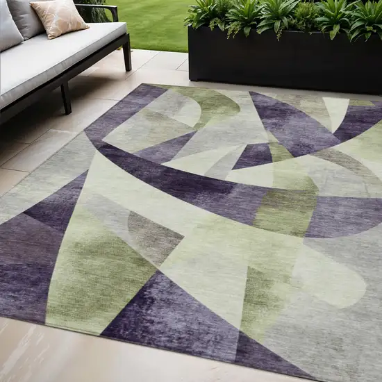 Purple And Olive Green Abstract Washable Indoor Outdoor Area Rug Photo 2