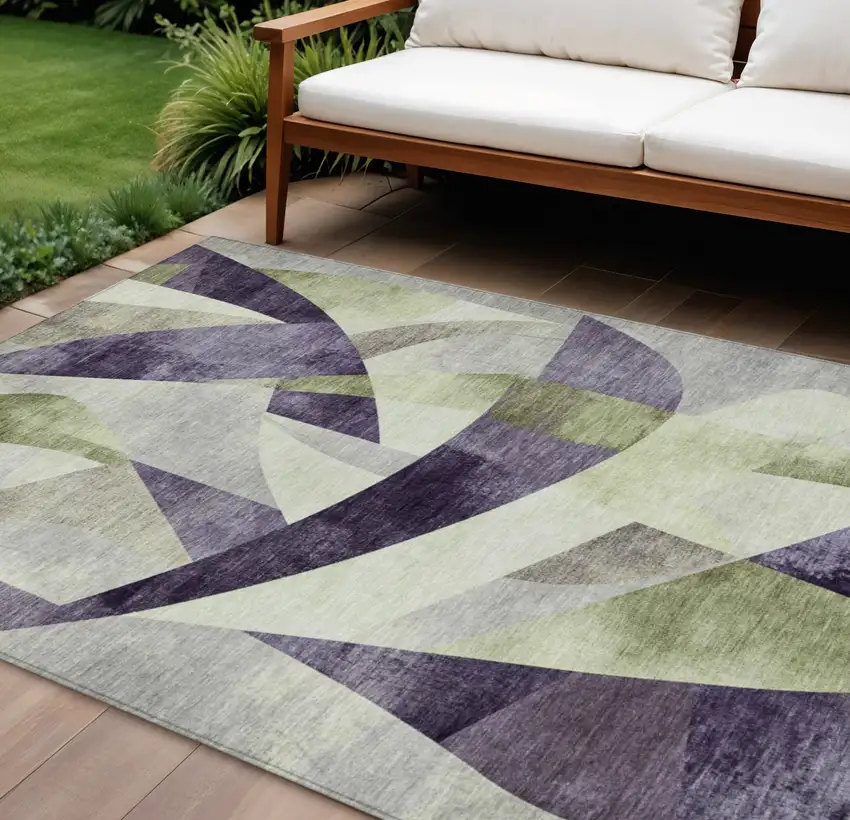 Purple And Olive Green Abstract Washable Indoor Outdoor Area Rug Photo 2