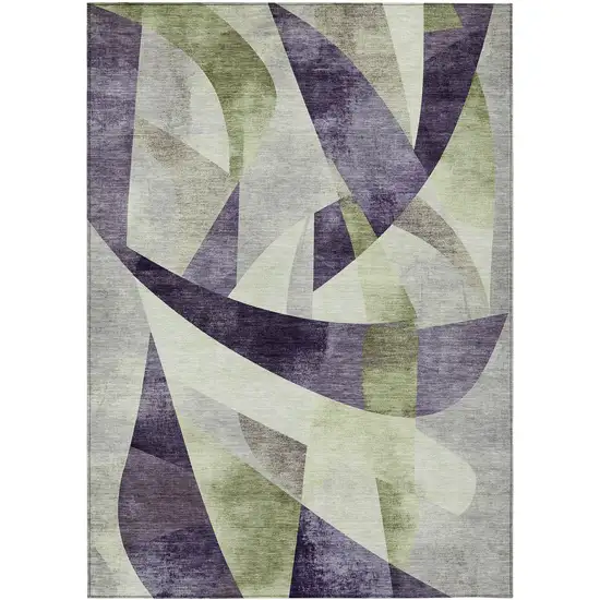 Purple And Olive Green Abstract Washable Indoor Outdoor Area Rug Photo 1