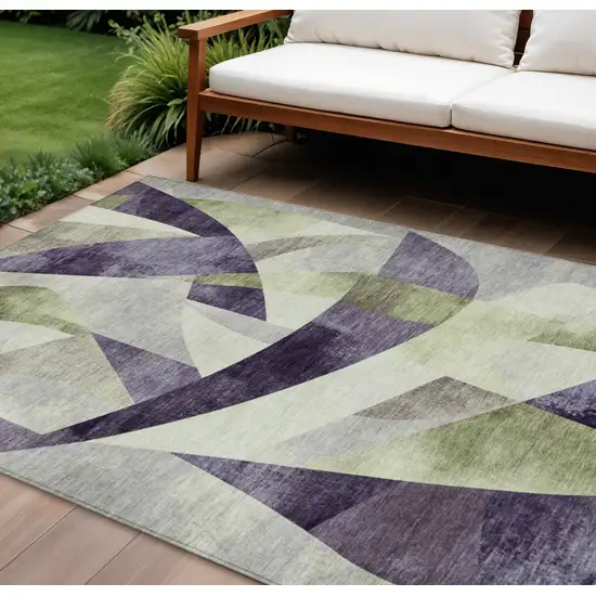 Purple And Olive Green Abstract Washable Indoor Outdoor Area Rug Photo 2