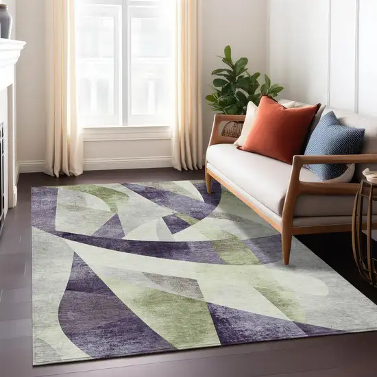 Purple And Olive Green Abstract Washable Indoor Outdoor Area Rug Photo 8