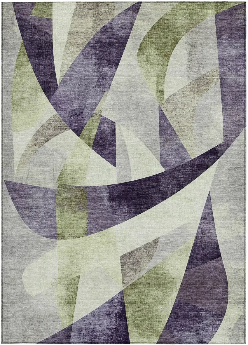 Purple And Olive Green Abstract Washable Indoor Outdoor Area Rug Photo 3