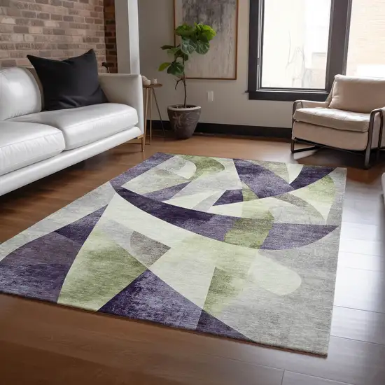 Purple And Olive Green Abstract Washable Indoor Outdoor Area Rug Photo 7
