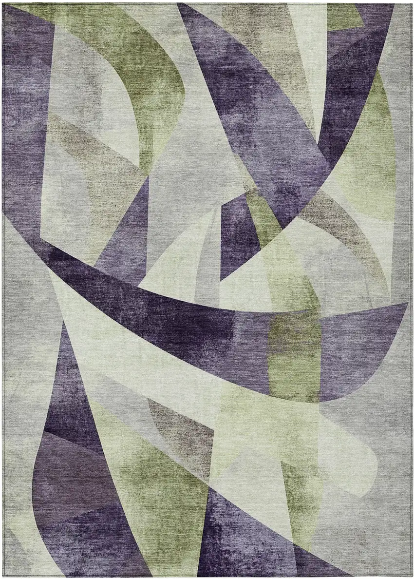 Purple And Olive Green Abstract Washable Indoor Outdoor Area Rug Photo 1