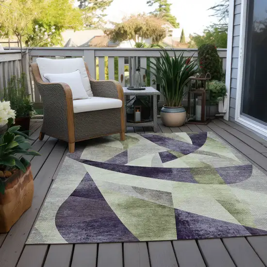 Purple And Olive Green Abstract Washable Indoor Outdoor Area Rug Photo 9