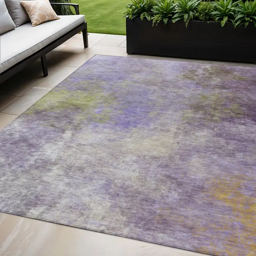 Purple And Olive Green Abstract Washable Indoor Outdoor Area Rug Photo 2
